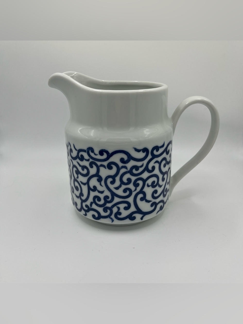 Vintage Classic Porcelain Creamer Pitcher Blue White Scroll Design 6.5x5x4.5”